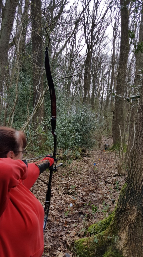 Lynne shooting at a small 3D dragon up the the hillside